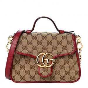 GUCCI Monogram Glazed Calfskin Matelasse Diagonal Mini GG Marmont Top Handle